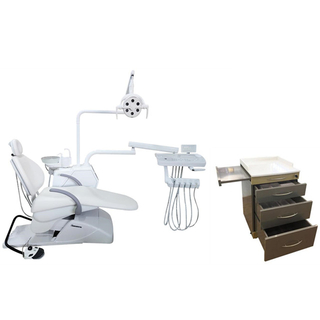 Unidade de cadeira dentária de cor branca com gabinete móvel