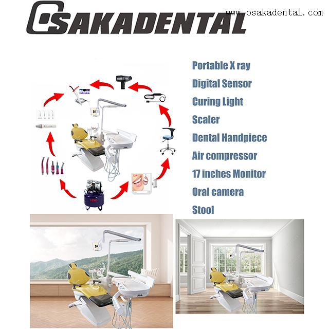 Cadeira odontológica de cor amarela com destartarizador ultrassônico