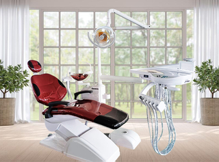 Cadeira dentária com controle de assistência e braço único e com couro de microfibra