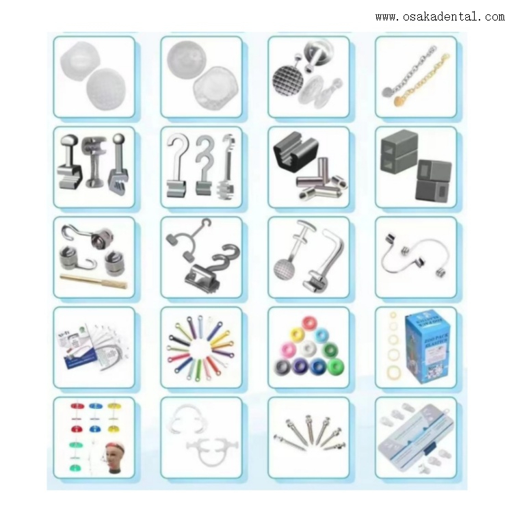 Diferentes tipos de suportes e acessórios ortodônticos dentários
