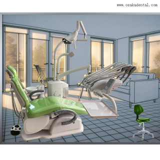 Cadeira odontológica de cor verde com bandeja de instrumentos montada na parte superior