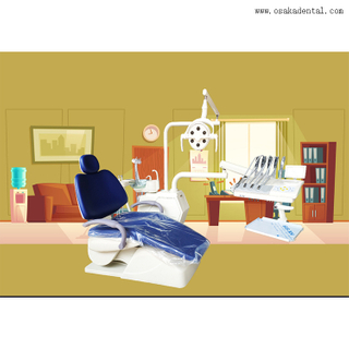 Cadeira odontológica de cor azul escuro com sistema de bandeja de instrumentos montado na parte superior