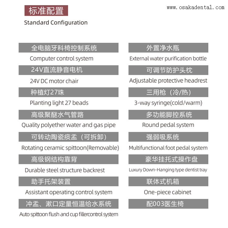Unidade odontológica para implante de cadeira odontológica com lâmpada LED OSA-A880-11