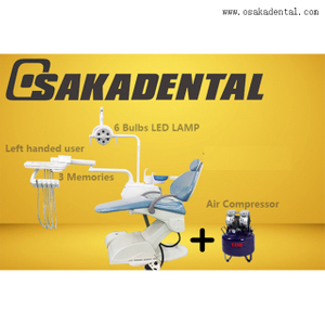 Cadeira odontológica de cor azul para canhotos com material de alginato de impressão dentária