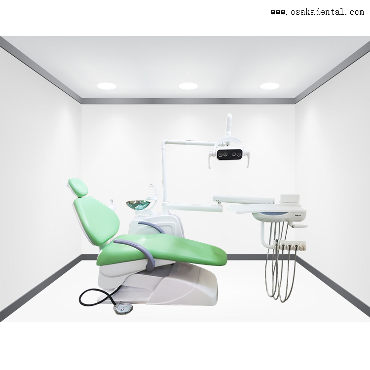 Cadeira dentária com compressor de ar e peça de mão dentária e escaler LED com uma cor verde agradável