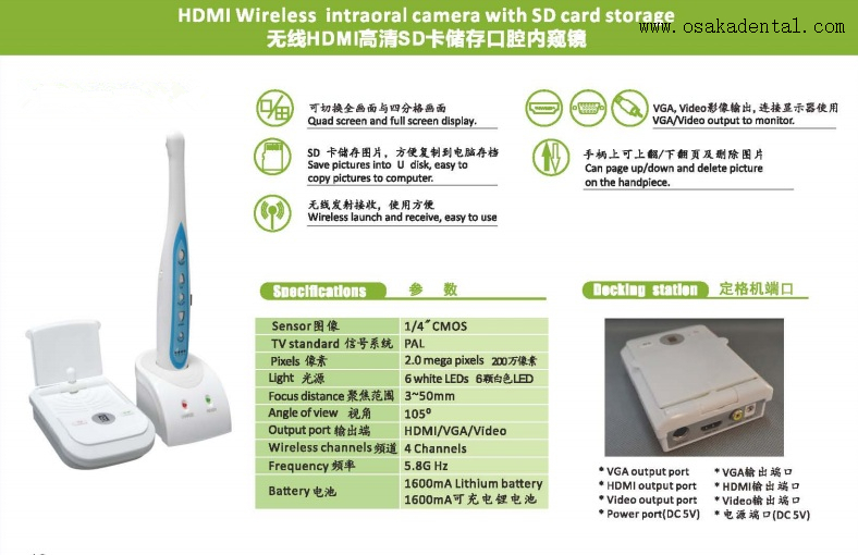 Câmera oral dentária com saída VGA + Vídeo