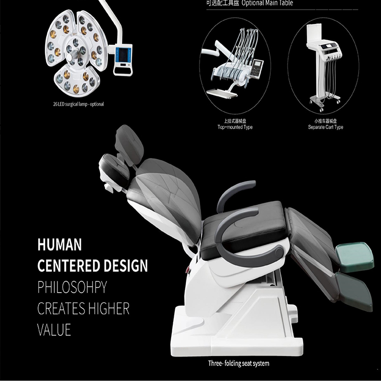 Unidade de cadeira odontológica com assento confortável para paciente triplo