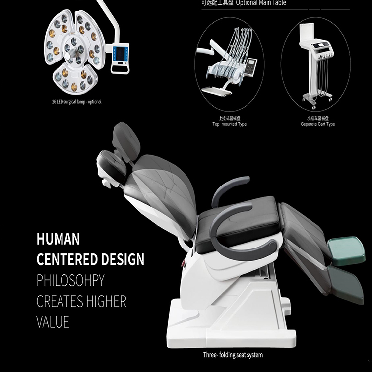 Unidade de cadeira odontológica com assento confortável para paciente triplo