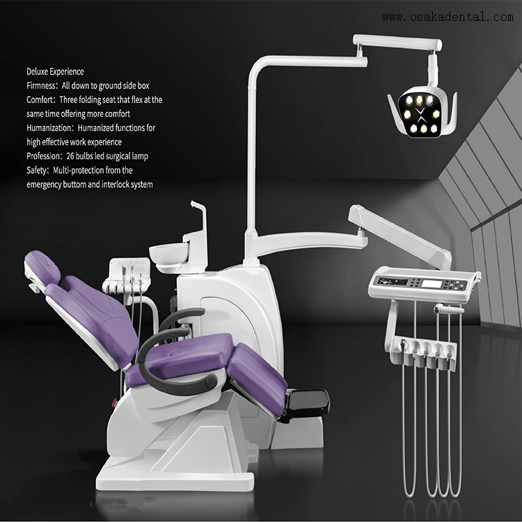 Unidade de cadeira odontológica com assento confortável para paciente triplo