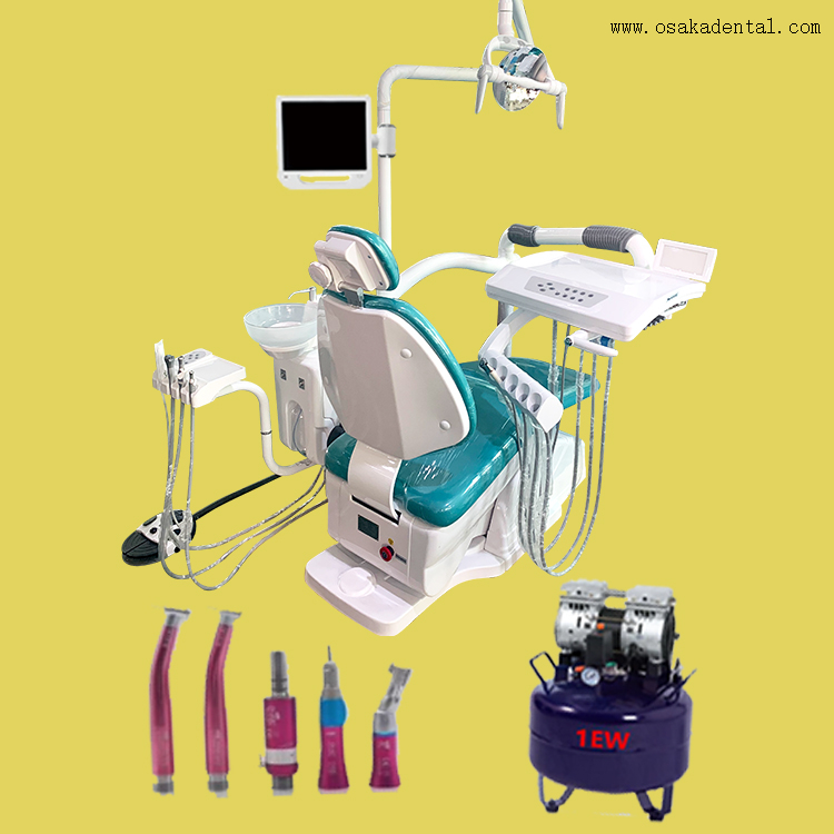 Cadeira dentária com bandeja de instrumentos e compressor de ar dental e peça de mão dentária