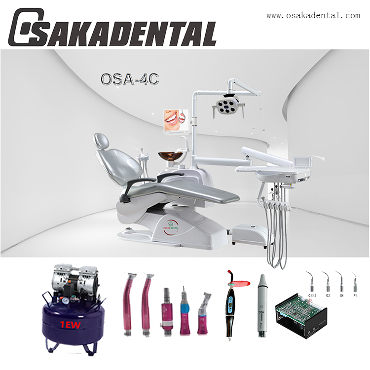 Cadeira odontológica com compressor de ar dental e peça de mão dental e escalador de led dental e luz de cura dental